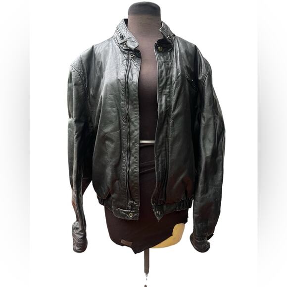 Vtg 80s Leather Distressed Zip Up Hidden Nylon Hood Moto Bomber Jacket Mens 42 - Picture 1 of 8